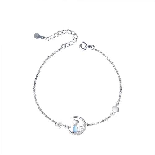 Cubic Zirconia Micro Pave Brass Bracelet, with Moonstone, with 5.5CM extender chain, plated, micro pave cubic zirconia & for woman, platinum color Approx 14.5 cm 