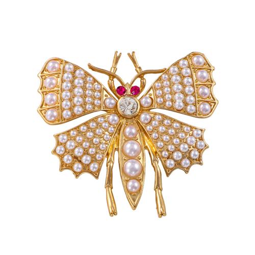 Plastic Pearl Brooch, Zinc Alloy, with Plastic Pearl, for woman & with rhinestone, golden 