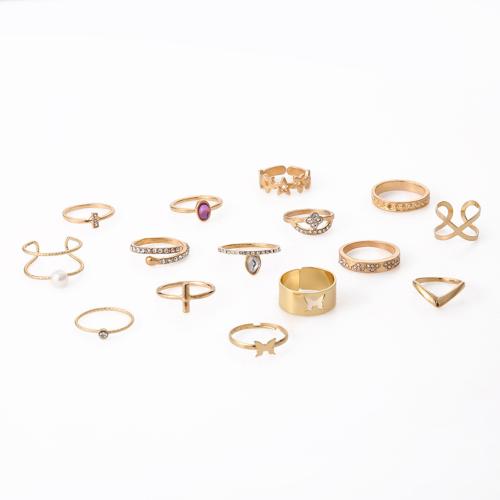 Zinc Alloy Ring Set, with Plastic Pearl, gold color plated, for woman & with rhinestone 