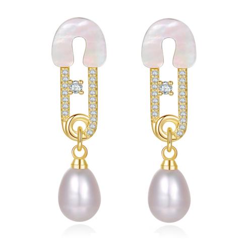 Cubic Zirconia Micro Pave Brass Earring, with White Shell & Glass Pearl, fashion jewelry & micro pave cubic zirconia & for woman 