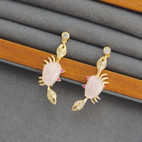 Cubic Zirconia Micro Pave Brass Earring, with Rose Quartz, plated & micro pave cubic zirconia & for woman, golden 