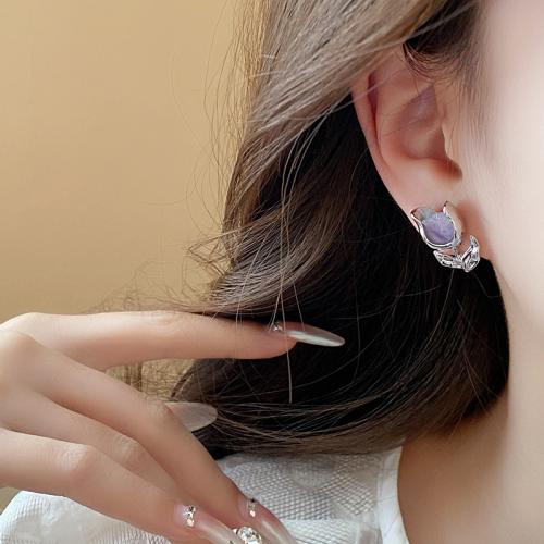 Zinc Alloy Stud Earring, with Amethyst, Flower, plated, fashion jewelry, silver color 