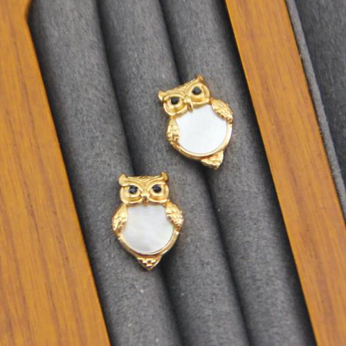 Cubic Zirconia Micro Pave Brass Earring, with Shell, Owl, plated & micro pave cubic zirconia & for woman, golden 