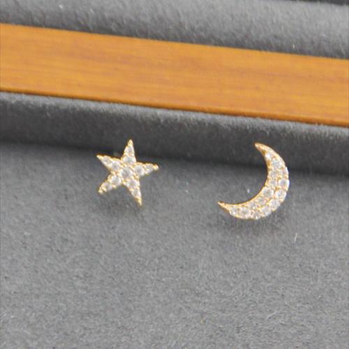 Cubic Zirconia Micro Pave Brass Earring, Moon and Star, plated & micro pave cubic zirconia & for woman, golden 