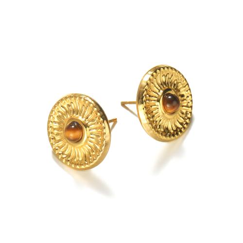 Stainless Steel Stud Earring, 304 Stainless Steel, with Tiger Eye, 18K gold plated, fashion jewelry & for woman, golden, 16mm 