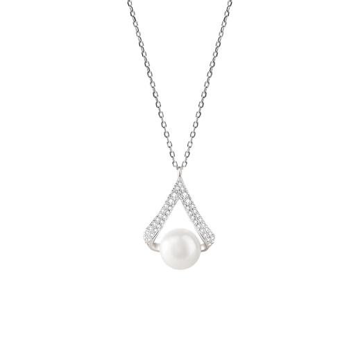 Cubic Zircon Micro Pave Sterling Silver Necklace, 925 Sterling Silver, with Shell Pearl, with 5CM extender chain, micro pave cubic zirconia & for woman Approx 40 cm 