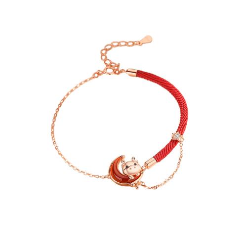 Cubic Zirconia Micro Pave Sterling Silver Bracelet, 925 Sterling Silver, with Wax Cord & Red Agate, with 4CM extender chain, micro pave cubic zirconia & for woman & epoxy gel, rose gold color Approx 15.5 cm 