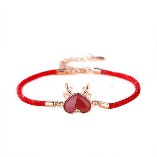 Sterling Silver Bracelets, 925 Sterling Silver, with Wax Cord & Red Agate, with 4CM extender chain, for woman, rose gold color Approx 16 cm 