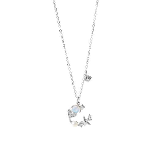 Cubic Zircon Micro Pave Sterling Silver Necklace, 925 Sterling Silver, with Synthetic Moonstone & Shell Pearl, with 5CM extender chain, micro pave cubic zirconia & for woman, platinum color Approx 40 cm 