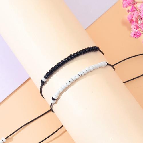 Glass Seed Beads Bracelets, Seedbead, with Wax Cord, handmade, 2 pieces & Unisex, white and black Approx 16-30 cm 