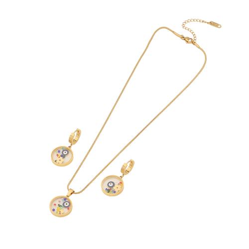 304 Stainless Steel Jewelry Set, earring & necklace, with Glass, with 2inch extender chain, gold color plated, 2 pieces & for woman & enamel Approx 15.7 Inch 