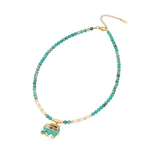 Gemstone Necklace, with Brass, with 2inch extender chain, Elephant, gold color plated & micro pave cubic zirconia & for woman Approx 15.7 Inch 