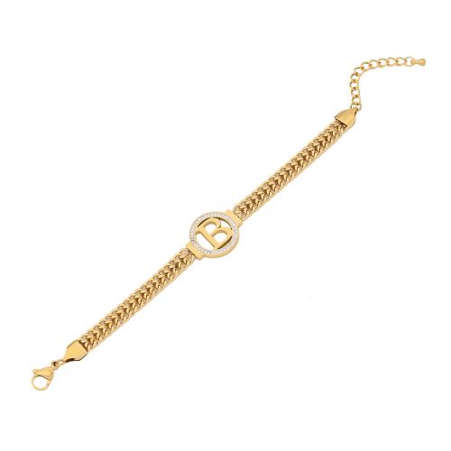 304 Stainless Steel Bracelet, with 1.6inch extender chain, Alphabet Letter, gold color plated & for woman & with rhinestone Approx 6.7 Inch 