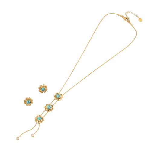 304 Stainless Steel Jewelry Set, Stud Earring & necklace, with Synthetic Turquoise, with 2inch extender chain, Flower, gold color plated, 2 pieces & for woman Approx 15.7 Inch 