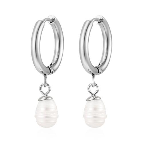 Freshwater Pearl Drop Earring, 304 Stainless Steel, with Freshwater Pearl, Vacuum Ion Plating, fashion jewelry & for woman 