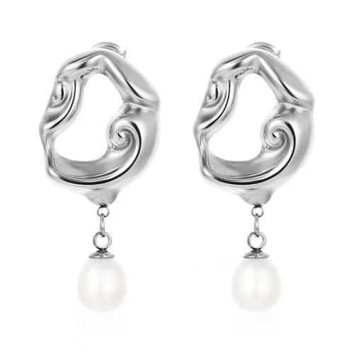 Freshwater Pearl Drop Earring, 304 Stainless Steel, with Freshwater Pearl, Vacuum Ion Plating, fashion jewelry & for woman [