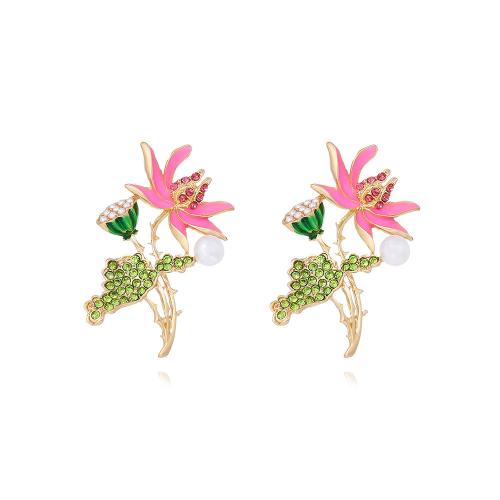 Plastic Pearl Zinc Alloy Earring, with Plastic Pearl, Flower, plated, fashion jewelry & enamel & with rhinestone, multi-colored 