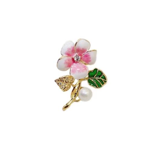 Zinc Alloy Jewelry Brooch, with Plastic Pearl, Lily, plated, for woman & enamel & with rhinestone 