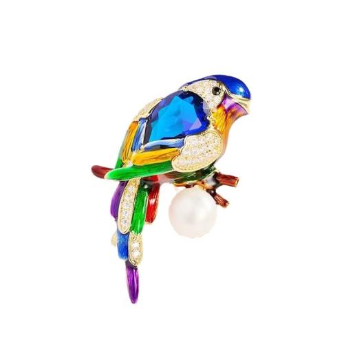 Zinc Alloy Jewelry Brooch, with Plastic Pearl, Parrot, plated, for woman & enamel & with rhinestone 