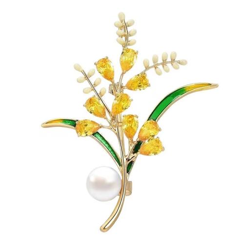 Zinc Alloy Jewelry Brooch, with Plastic Pearl, plated, micro pave cubic zirconia & for woman & enamel 