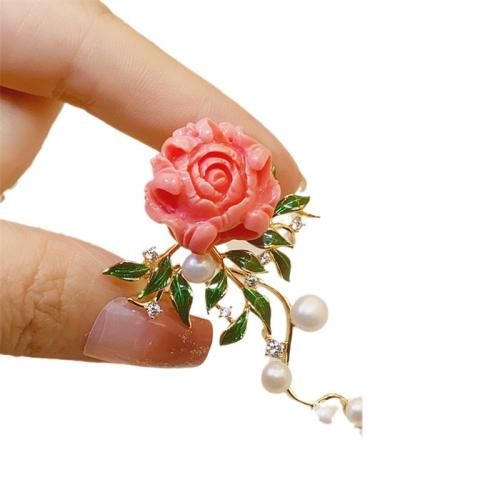 Zinc Alloy Jewelry Brooch, with Resin & Plastic Pearl, Tree Paeony, plated, for woman & enamel & with rhinestone, pink 
