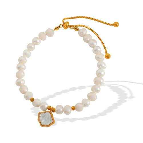 Cultured Freshwater Pearl Bracelets, Titanium Steel, with White Shell & Freshwater Pearl, plated, fashion jewelry & with rhinestone, golden cm 