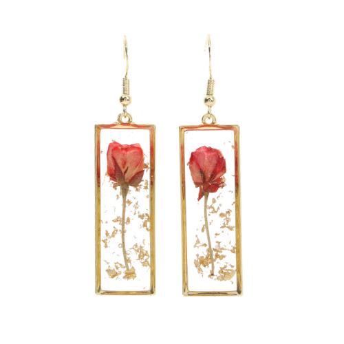 Resin Drop Earring, Brass, with Dried Flower & Resin, epoxy gel, for woman, red [