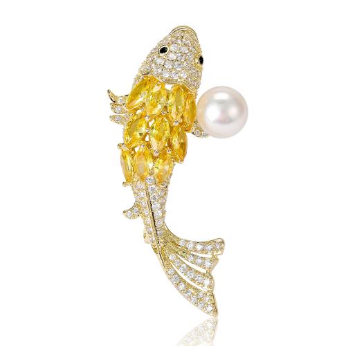 Zinc Alloy Jewelry Brooch, with Cubic Zirconia & Plastic Pearl, Fish, gold color plated, fashion jewelry & for woman & with rhinestone, mixed colors [