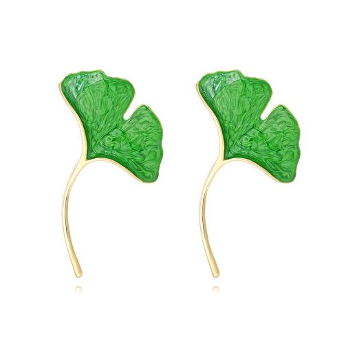 Enamel Zinc Alloy Stud Earring, Ginkgo Leaf, plated, fashion jewelry, green 