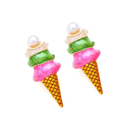 Enamel Zinc Alloy Stud Earring, with Plastic Pearl, Ice Cream, plated, fashion jewelry, multi-colored 