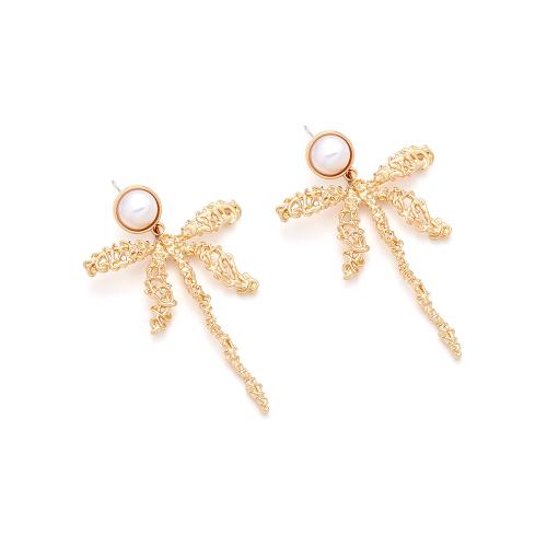 Plastic Pearl Zinc Alloy Earring, with Plastic Pearl, Bowknot, plated, fashion jewelry, golden 