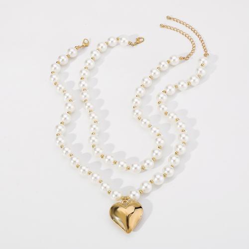 Collier de perles en plastique, alliage de zinc, avec perle de plastique, fait à la main, Double couche & bijoux de mode & pour femme, blanc .3-22 pouce, Vendu par PC