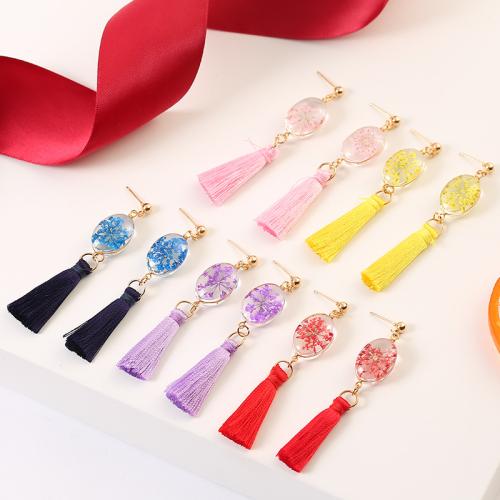 Fashion Tassel Earring, Zinc Alloy, with Cotton Thread & Dried Flower & Glass, for woman 