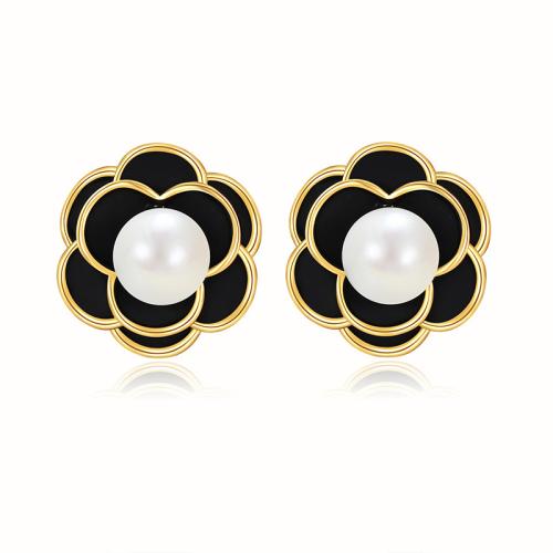 Brass Stud Earring, with Plastic Pearl, Common Camelia, fashion jewelry & for woman, 11.3mm [