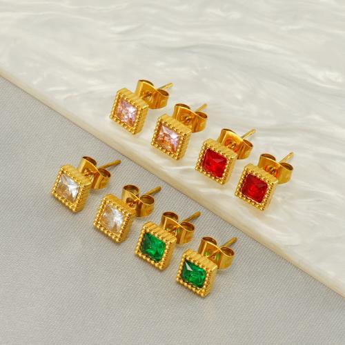 Stainless Steel Cubic Zirconia Stud Earring, 304 Stainless Steel,  Square, 18K gold plated, fashion jewelry & micro pave cubic zirconia & for woman, golden, 7mm 