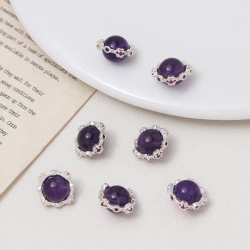 Natural Amethyst Beads, Brass, with Amethyst, silver color plated, DIY, purple 