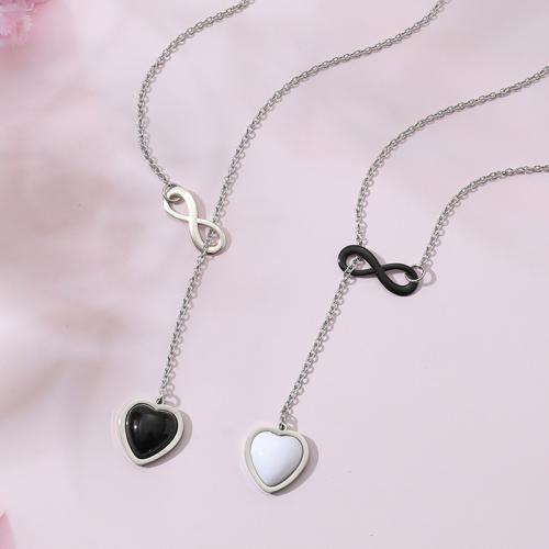Stainless Steel Jewelry Necklace, 304 Stainless Steel, with Resin Rhinestone & Zinc Alloy, with 5cm extender chain, polished, 2 pieces & for woman, white and black cm 