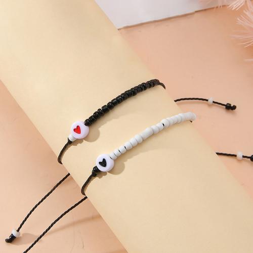 Fashion Create Wax Cord Bracelets, Seedbead, with Wax Cord & Acrylic, handmade, 2 pieces & Unisex, white and black Approx 16-28 cm 