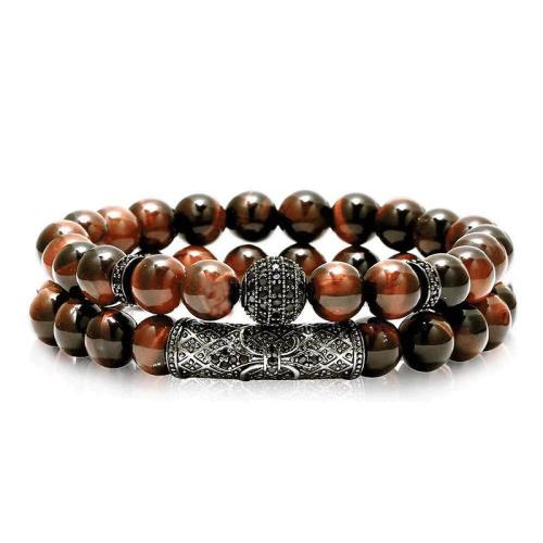 Tiger Eye Stone Bracelets, with Brass, plated, 2 pieces & fashion jewelry & Unisex & micro pave cubic zirconia mm cm [