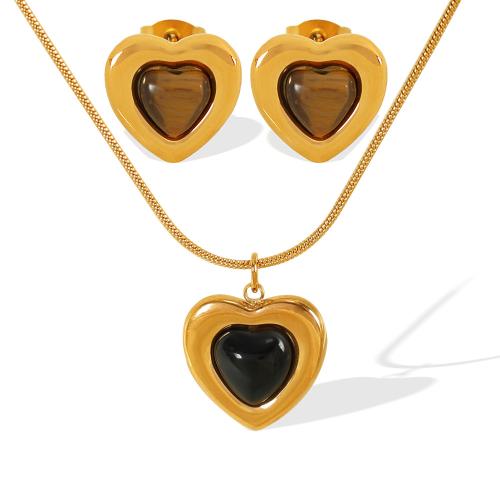 Titanium Steel Jewelry Set, with Glass Stone & Tiger Eye, Heart, plated, fashion jewelry golden 