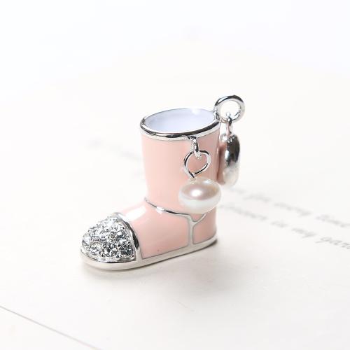 Cubic Zirconia Micro Pave Sterling Silver Pendant, 925 Sterling Silver, with Plastic Pearl, Shoes, DIY & micro pave cubic zirconia & enamel, pink 