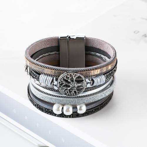 PU Leather Cord Bracelets, with Plastic Pearl, fashion jewelry & multilayer & Unisex 37mm Approx 19.5 cm 