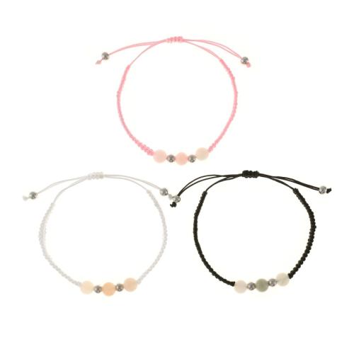 Gemstone Bracelets, Natural Stone, with Cotton Cord & 304 Stainless Steel, handmade, three pieces & for woman Approx 16-30 cm 