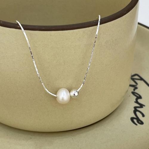 Sterling Silver Pearl Necklace, 925 Sterling Silver, with Freshwater Pearl, fashion jewelry & for woman Approx 40 cm 