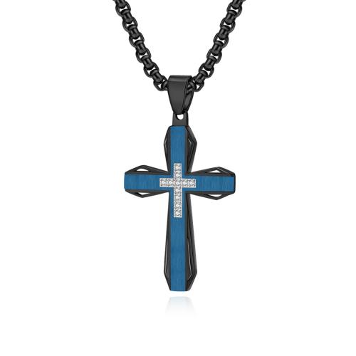 Stainless Steel Jewelry Necklace, 304 Stainless Steel, Cross, Vacuum Ion Plating, fashion jewelry & for man & with rhinestone 