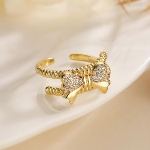 Cubic Zirconia Micro Pave Brass Finger Ring, Bowknot, plated, fashion jewelry & micro pave cubic zirconia, golden 
