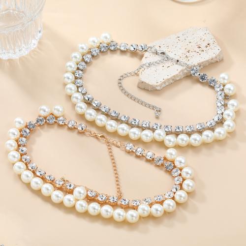 Rhinestone Zinc Alloy Necklace, with Plastic Pearl, with 5.51 Inch extender chain, Double Layer & fashion jewelry & for woman & with rhinestone .29 Inch 