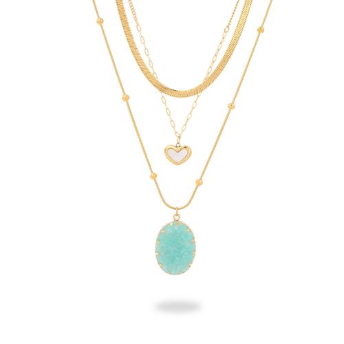 Stainless Steel Jewelry Necklace, 304 Stainless Steel, with Natural Stone & ​Amazonite​ & White Shell, plated & for woman, golden 