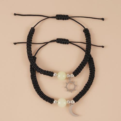 Couple Bracelet, Zinc Alloy, with Night-Light Stone & Polyester Cord, plated, 2 pieces & Unisex & luminated, black Approx 16-30 cm 