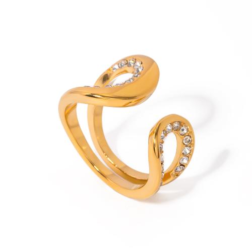 Нержавеющая сталь Rhinestone палец кольцо, Нержавеющая сталь 304, 18K позолоченный, ювелирные изделия моды & Женский & со стразами, Золотой, продается PC